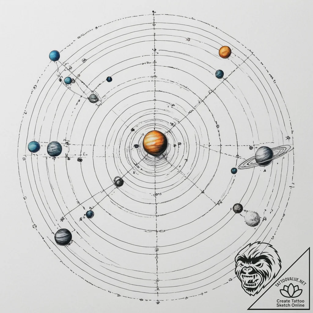 Solar system model (orrery) - tattoo sketch (№1754913339_0, 11.08.2025 11:55) — tattoovalue.net