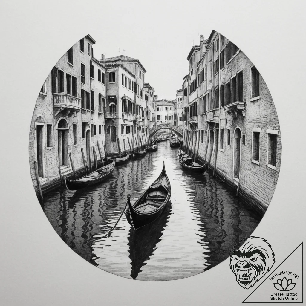 A single gondola gliding through a quiet vene... - tattoo sketch (№1754914925_0, 11.08.2025 12:22) — tattoovalue.net