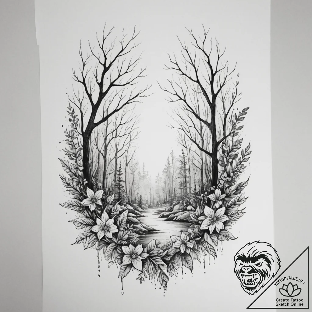 Tattoo design a lush fantasy forest with glow... - tattoo sketch (№1754915918_0, 11.08.2025 12:38) — tattoovalue.net
