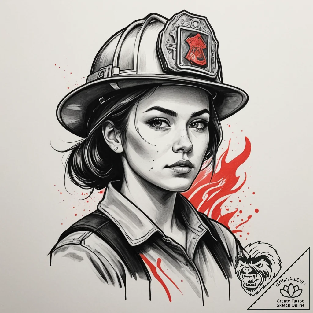 A powerful shot of a female firefighter, soot... - tattoo sketch (№1754924232_0, 11.08.2025 14:57) — tattoovalue.net
