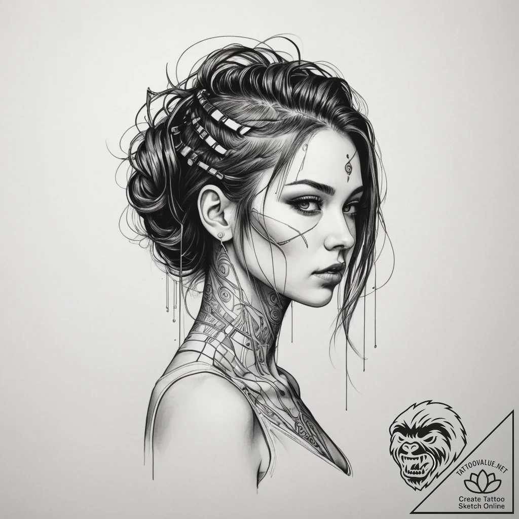 Cyberpunk, tattoo drawing outline, fine lines... - tattoo sketch (№1754925042_0, 11.08.2025 15:10) — tattoovalue.net