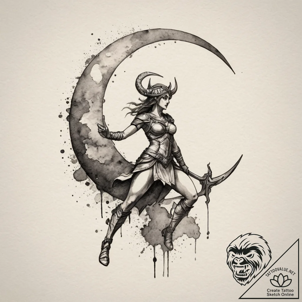 Tattoo design a crescent moon with a warrior'... - tattoo sketch (№1754927050_0, 11.08.2025 15:44) — tattoovalue.net