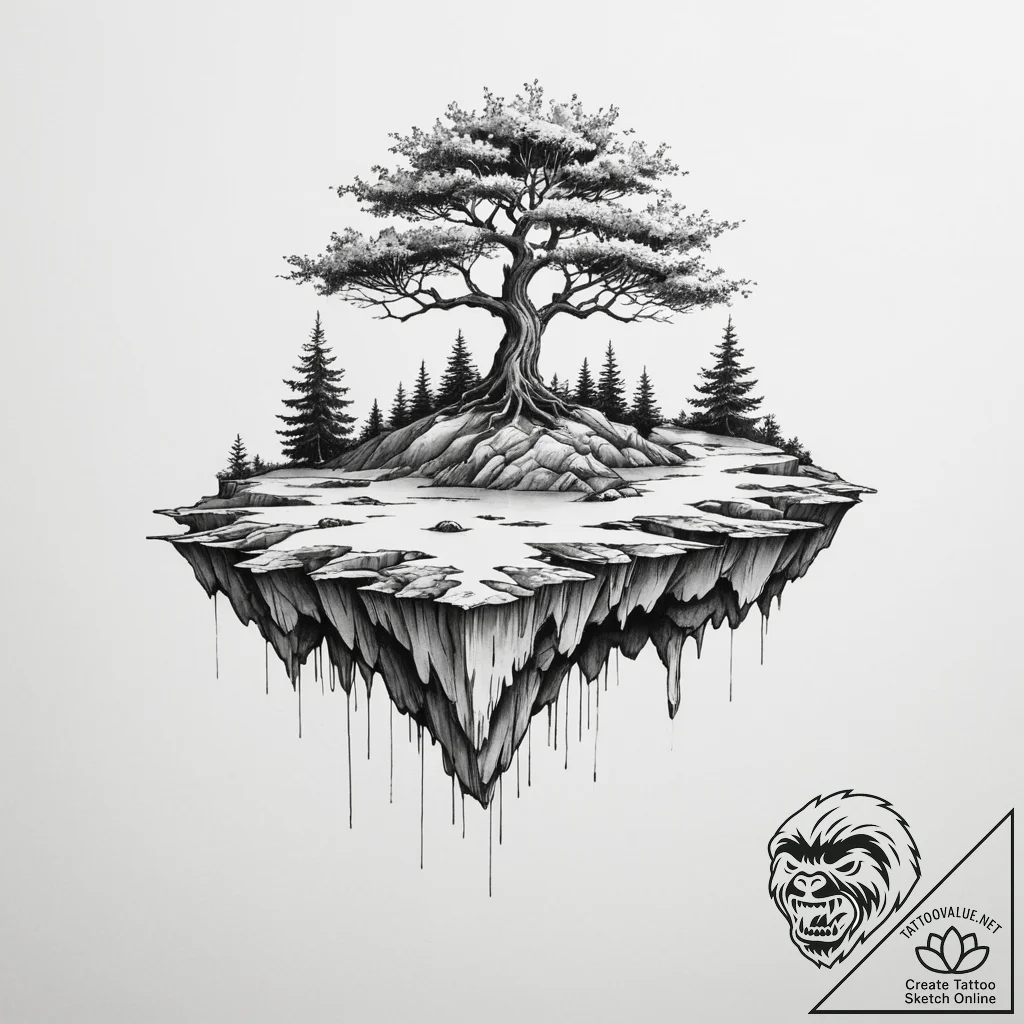 A floating island with a single tree - tattoo sketch (№1754930304_0, 11.08.2025 16:38) — tattoovalue.net