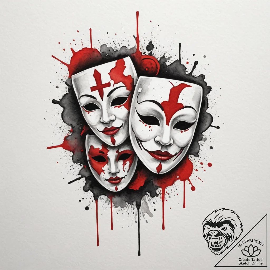 Theater masks, tattoo flash sheet design, bla... - tattoo sketch (№1754930702_0, 11.08.2025 16:45) — tattoovalue.net
