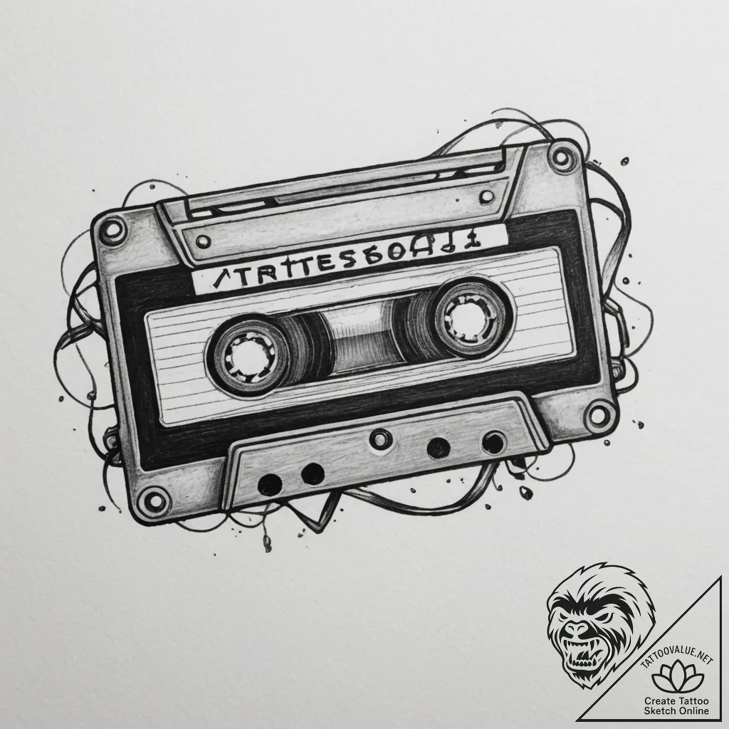 A retro cassette tape unspooling, tattoo sket... - tattoo sketch (№1754932892_0, 11.08.2025 17:21) — tattoovalue.net