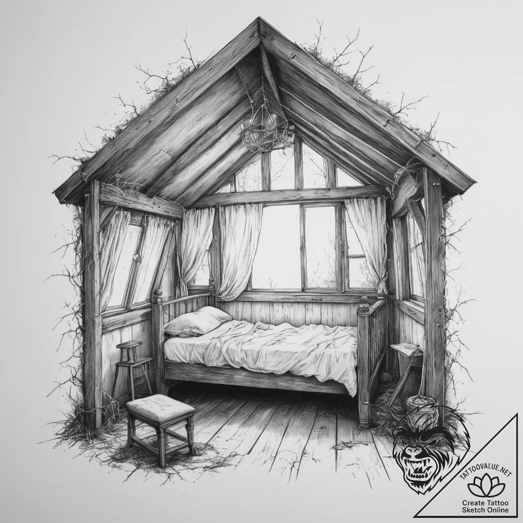 An old, forgotten attic filled with antique f... - tattoo sketch (№1754936652_0, 11.08.2025 18:24) — tattoovalue.net