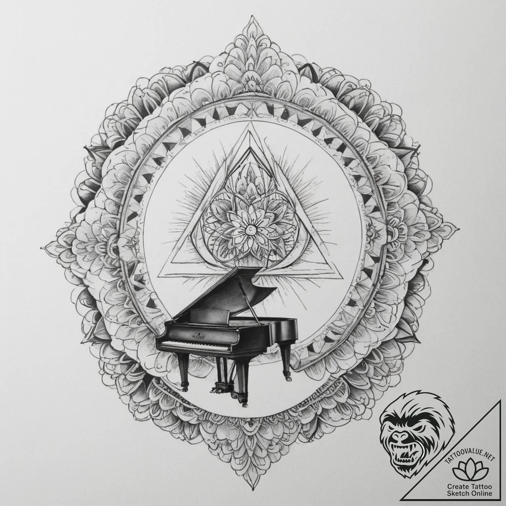 A person playing a grand piano in an empty co... - tattoo sketch (№1754938432_0, 11.08.2025 18:53) — tattoovalue.net