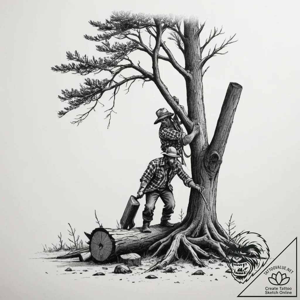 A shot of a lumberjack felling a large tree. - tattoo sketch (№1754940014_0, 11.08.2025 19:20) — tattoovalue.net