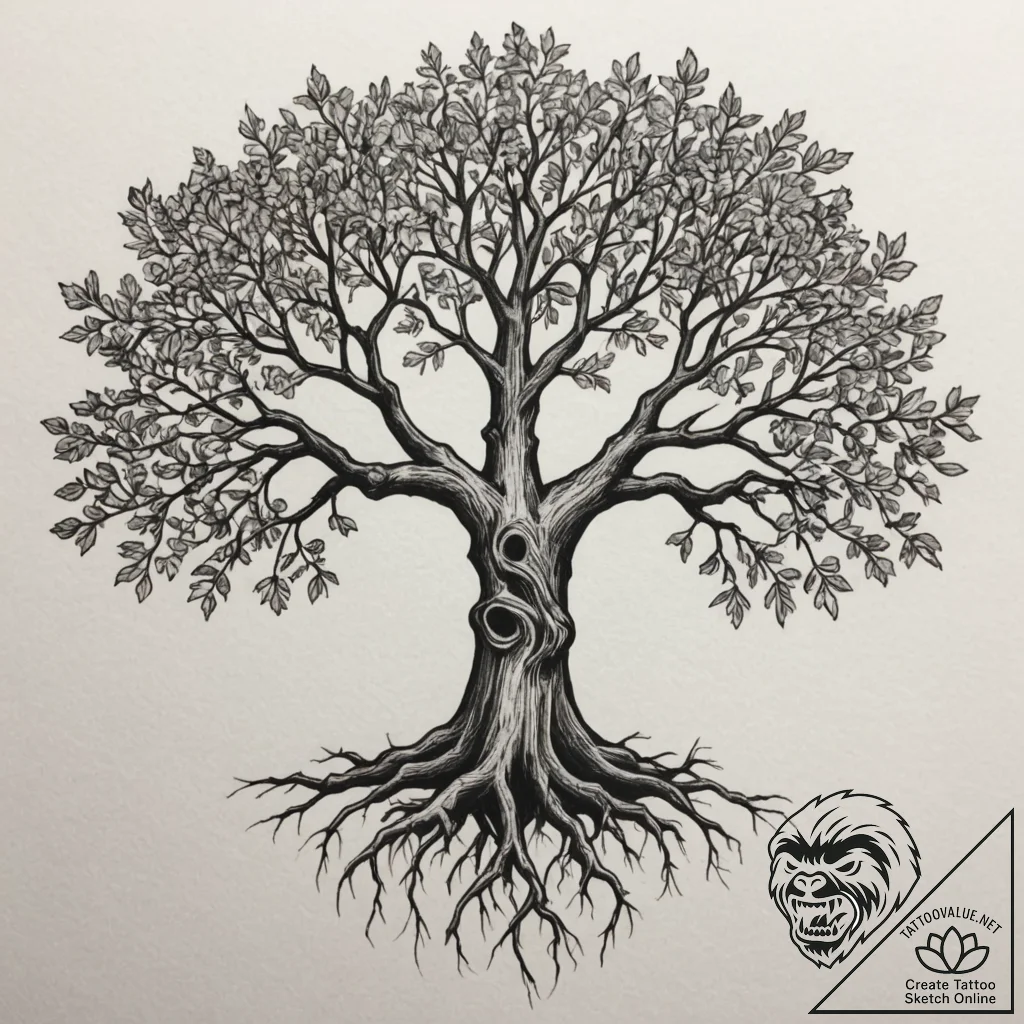 Tattoo design a pair of oak trees, their root... - tattoo sketch (№1754945191_0, 11.08.2025 20:46) — tattoovalue.net