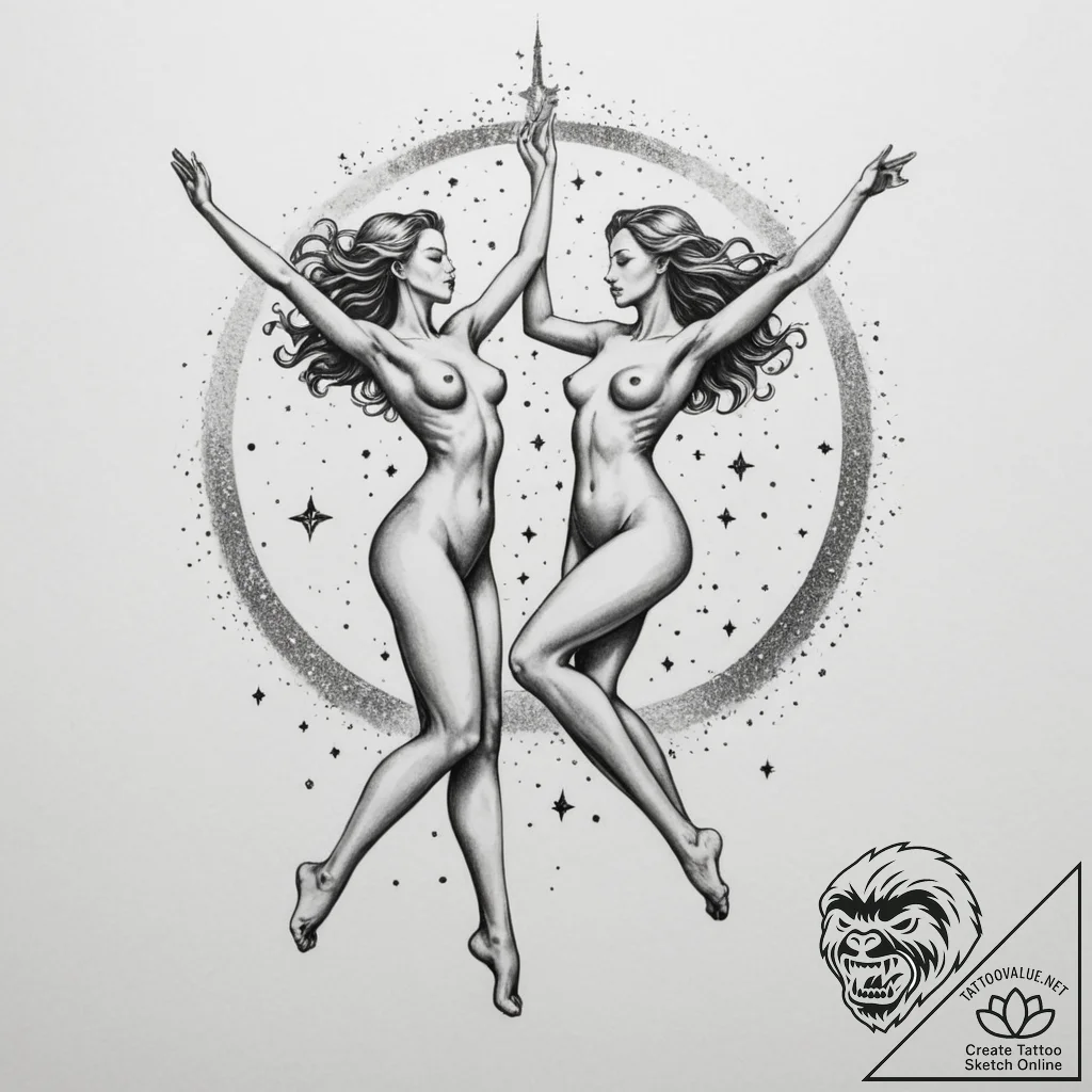 Tattoo design a "celestial dance" of two figu... - tattoo sketch (№1754947196_0, 11.08.2025 21:19) — tattoovalue.net