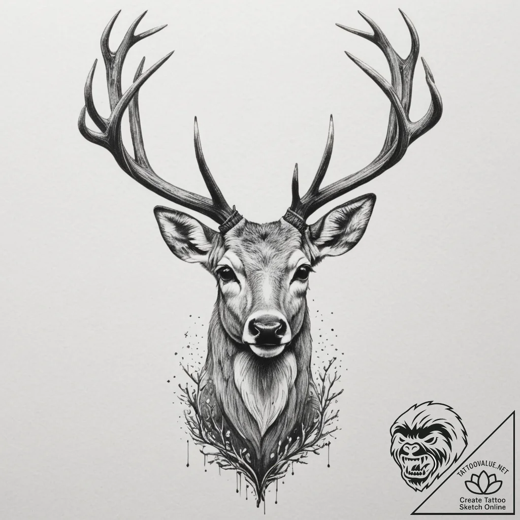 A deer with antlers made of dead branches and... - tattoo sketch (№1754947599_0, 11.08.2025 21:26) — tattoovalue.net