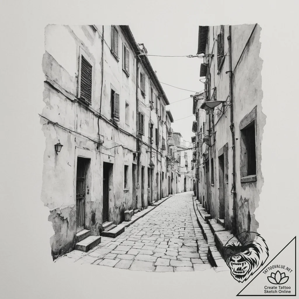 A quiet, forgotten alleyway in naples, italy,... - tattoo sketch (№1754947802_0, 11.08.2025 21:30) — tattoovalue.net