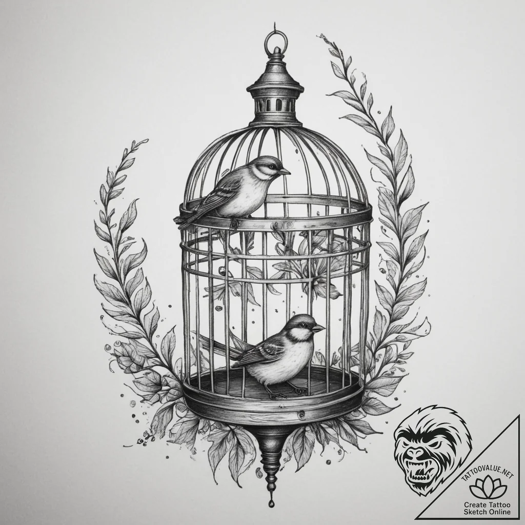 Bird and cage, tattoo line art, on a clean wh... - tattoo sketch (№1754948201_0, 11.08.2025 21:36) — tattoovalue.net