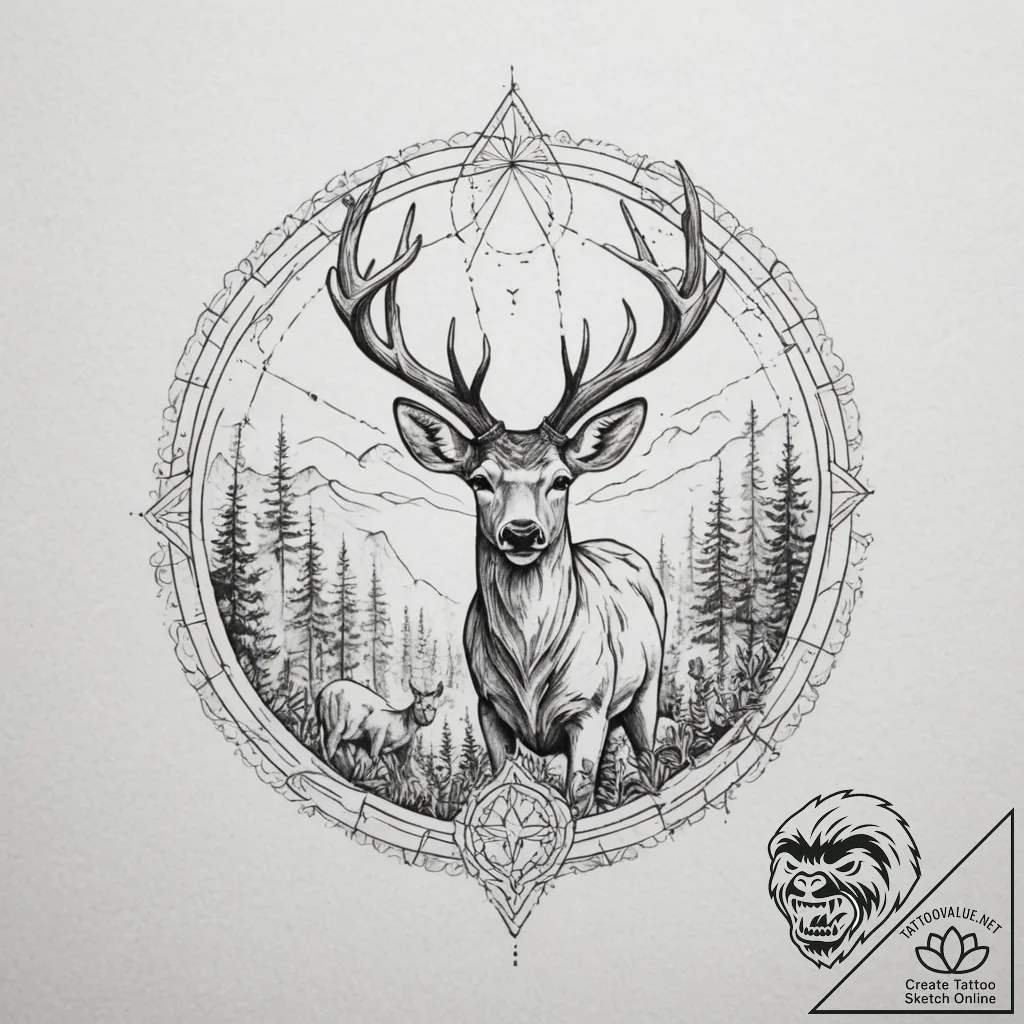 A small herd of deer grazing in a forest clea... - tattoo sketch (№1754948795_0, 11.08.2025 21:46) — tattoovalue.net