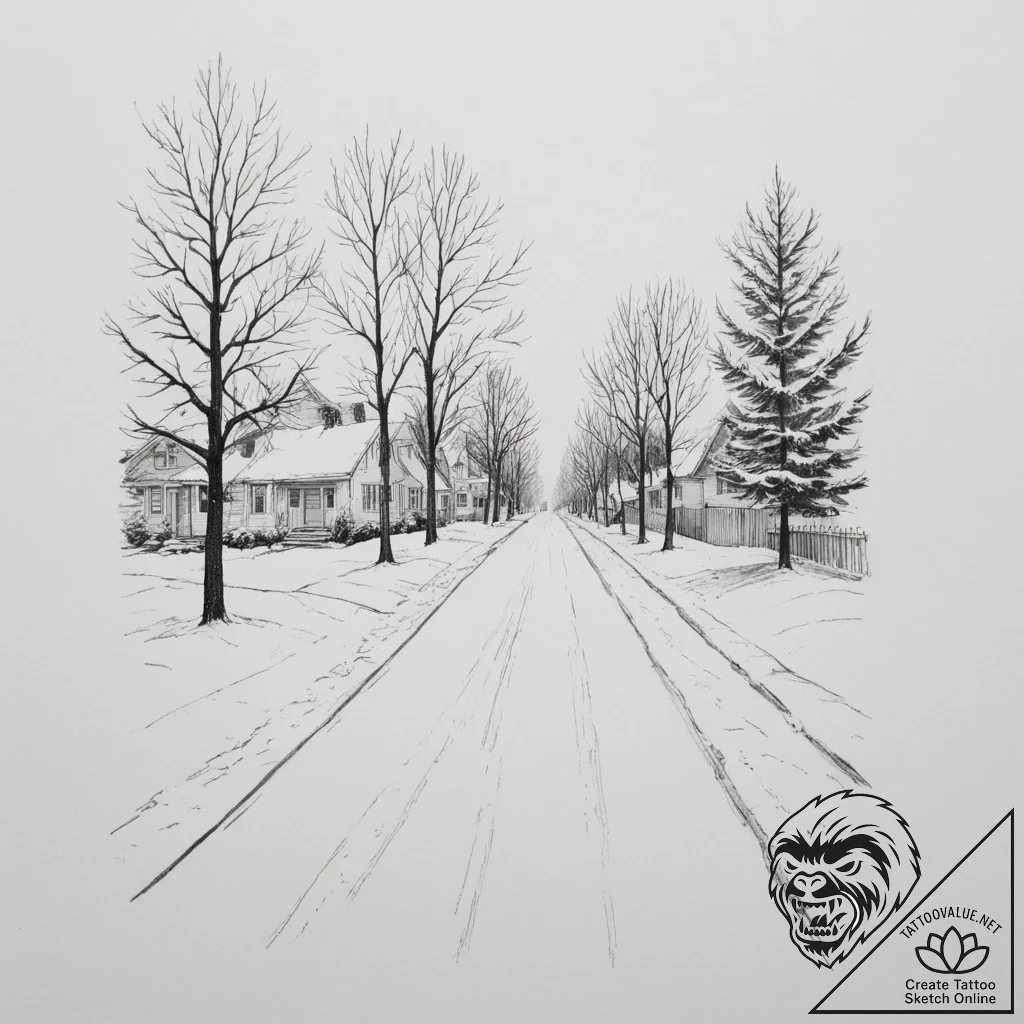 A quiet, snow-covered residential street in a... - tattoo sketch (№1754949589_0, 11.08.2025 21:59) — tattoovalue.net