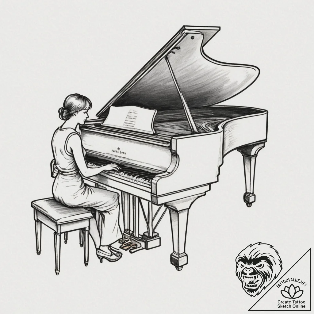 A person playing a grand piano in an empty co... - tattoo sketch (№1754950381_0, 11.08.2025 22:13) — tattoovalue.net