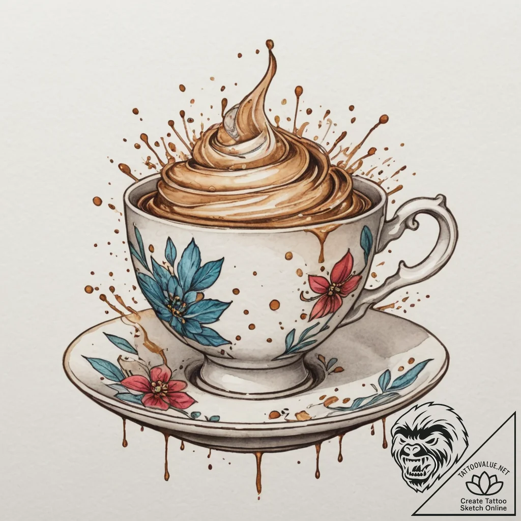 Tattoo sketch a stylized teacup with a whimsi... - tattoo sketch (№1754951178_0, 11.08.2025 22:26) — tattoovalue.net