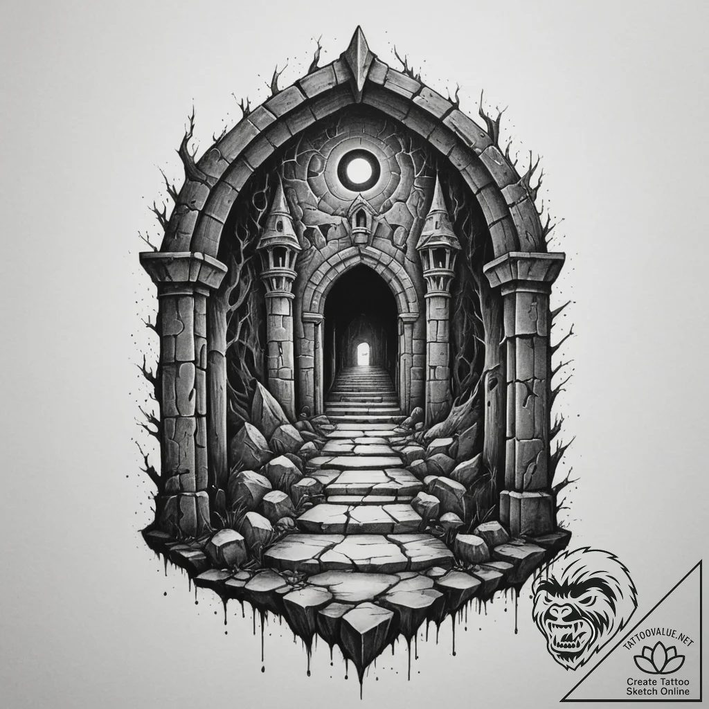 Tattoo sketch a fantasy dungeon entrance with... - tattoo sketch (№1754952387_0, 11.08.2025 22:46) — tattoovalue.net
