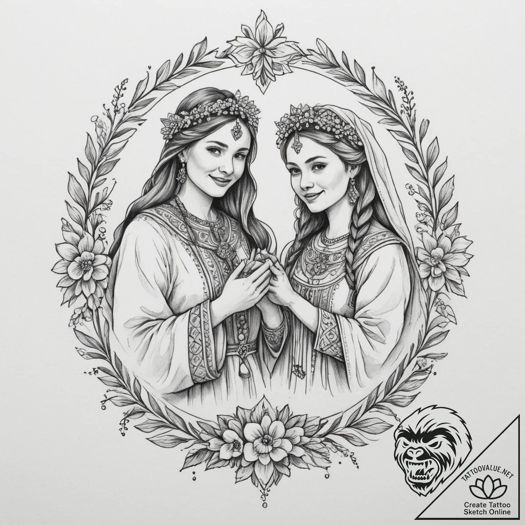 Tattoo sketch: a scene of a joyous slavic wed... - tattoo sketch (№1754955389_0, 11.08.2025 23:36) — tattoovalue.net