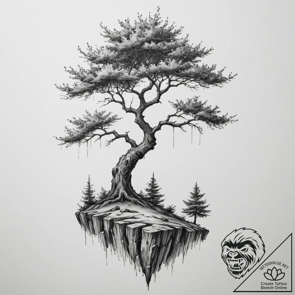 A shot of a lone tree on a cliff, battered by... - tattoo sketch (№1754957393_0, 12.08.2025 00:09) — tattoovalue.net