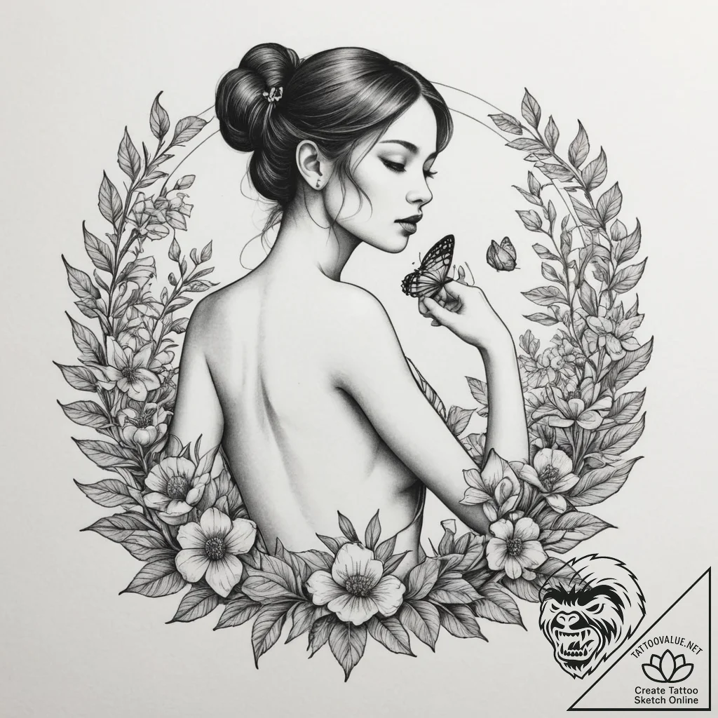 Tattoo design: a peaceful scene of mokosh ten... - tattoo sketch (№1754959373_0, 12.08.2025 00:42) — tattoovalue.net