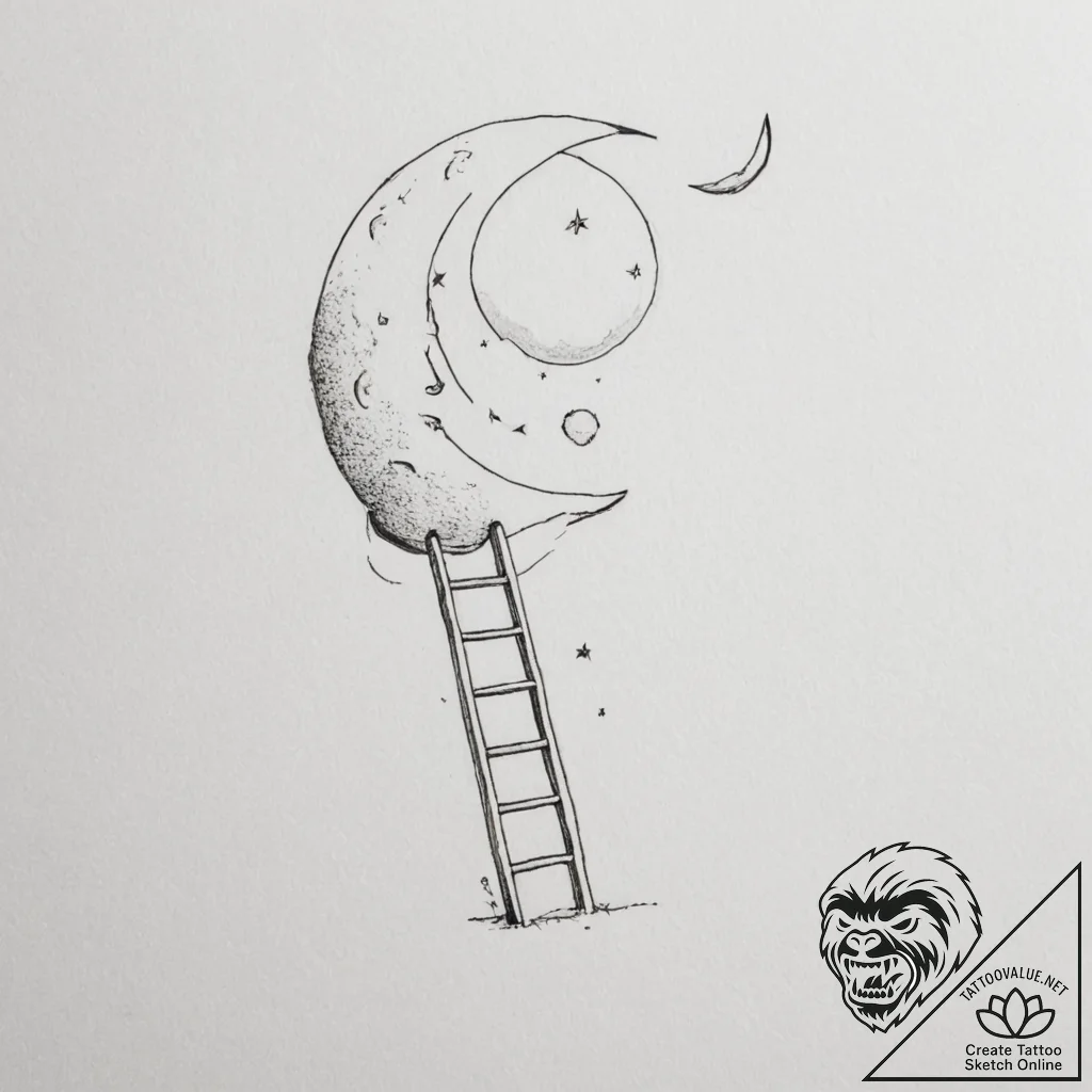 Ladder leaning on the moon - tattoo sketch (№1754962186_0, 12.08.2025 01:29) — tattoovalue.net