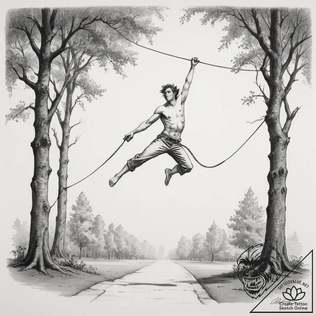 A shot of a person slacklining between two tr... - tattoo sketch (№1754963184_0, 12.08.2025 01:46) — tattoovalue.net
