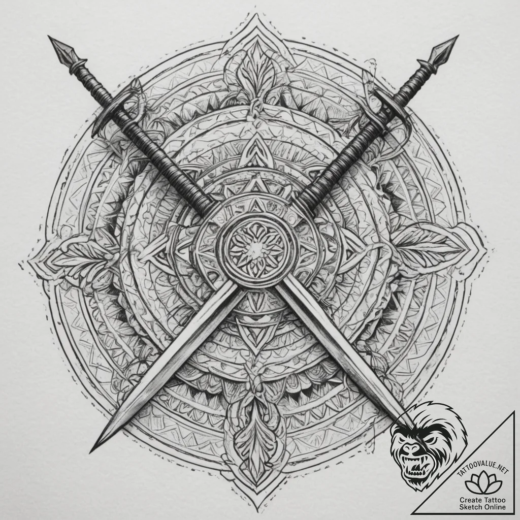 Tattoo design a shield with two crossing swor... - tattoo sketch (№1754963384_0, 12.08.2025 01:49) — tattoovalue.net
