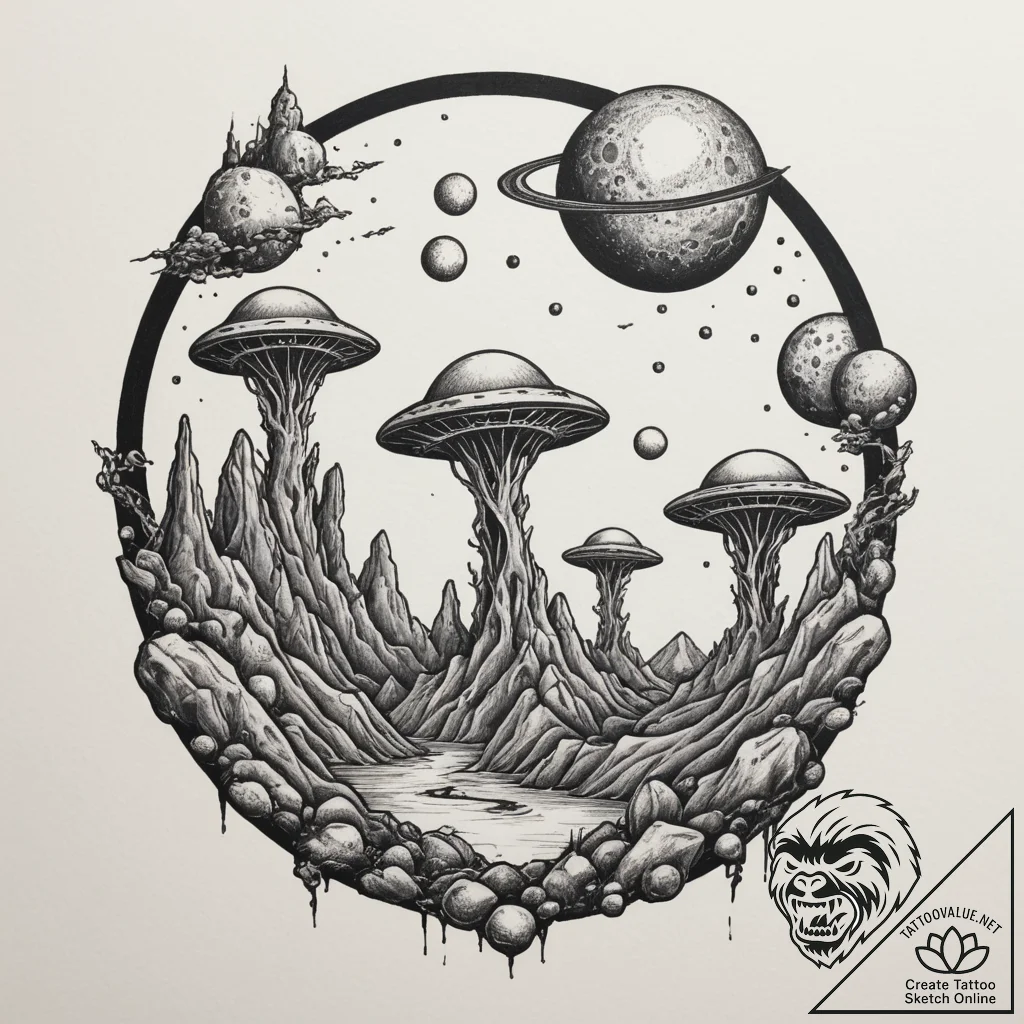 Tattoo sketch an alien landscape with strange... - tattoo sketch (№1754965200_0, 12.08.2025 02:20) — tattoovalue.net