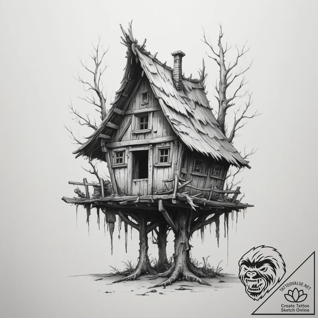 Baba yaga's hut on chicken legs - tattoo sketch (№1754965598_0, 12.08.2025 02:26) — tattoovalue.net