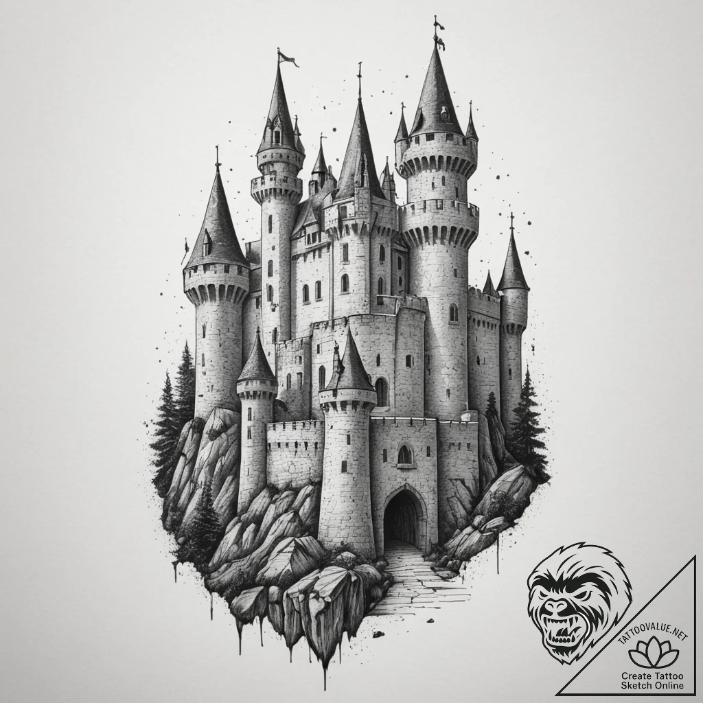 Medieval castle siege, concept art for tattoo... - tattoo sketch (№1754966210_0, 12.08.2025 02:36) — tattoovalue.net