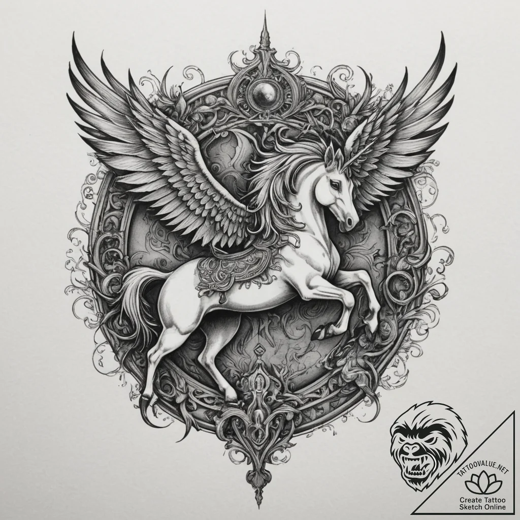 A carousel of mythical creatures (griffin, un... - tattoo sketch (№1754966812_0, 12.08.2025 02:46) — tattoovalue.net