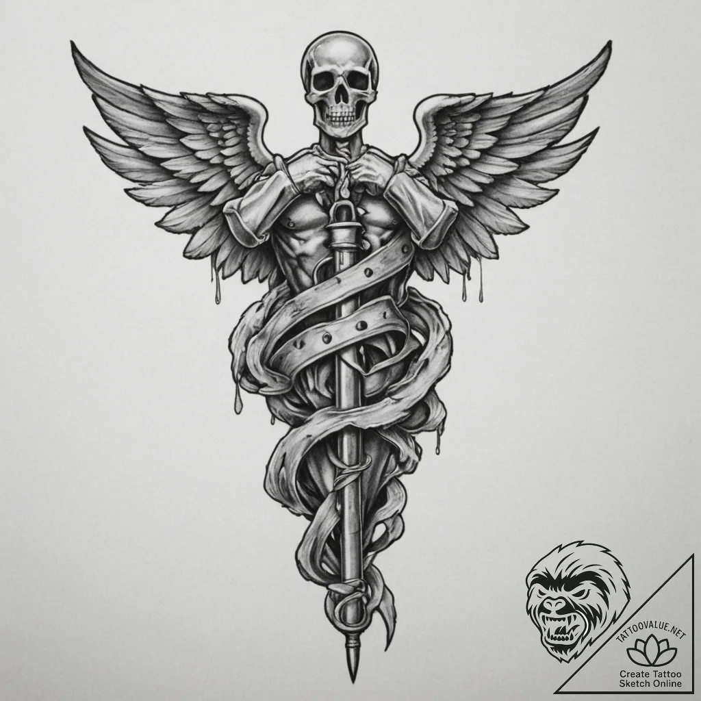 Tattoo sketch a military medic's caduceus int... - tattoo sketch (№1754967414_0, 12.08.2025 02:56) — tattoovalue.net
