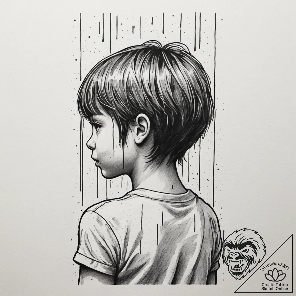 A child looking out a rain-streaked window on... - tattoo sketch (№1754969821_0, 12.08.2025 03:37) — tattoovalue.net