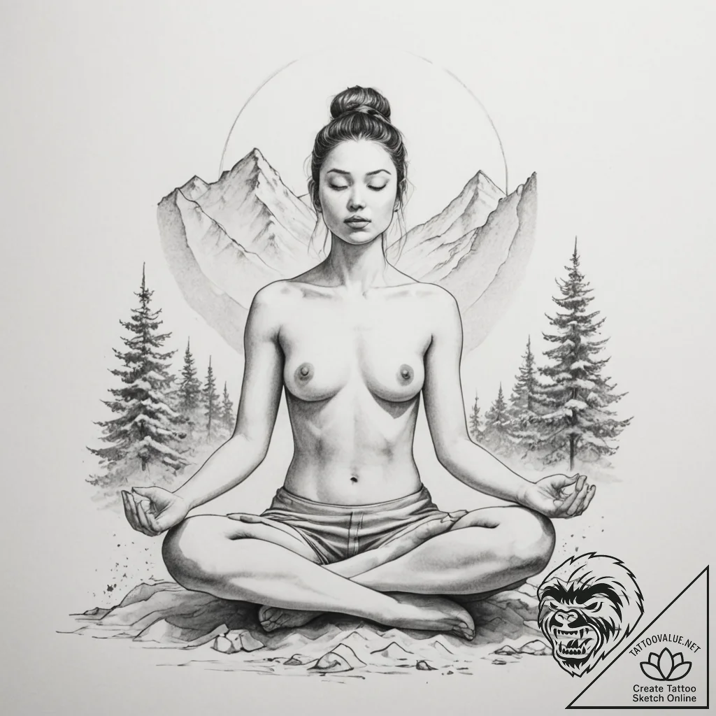 A person meditating in a silent, snowy landsc... - tattoo sketch (№1754970821_0, 12.08.2025 03:53) — tattoovalue.net