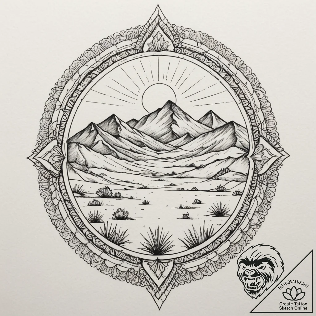 Tattoo sketch a stylized desert landscape wit... - tattoo sketch (№1754971825_0, 12.08.2025 04:10) — tattoovalue.net