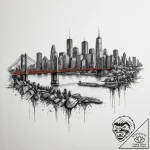 A view of a city skyline from across a river,… – tattoo sketch (№1754972023_0, 12.08.2025 04:13) — tattoovalue.net