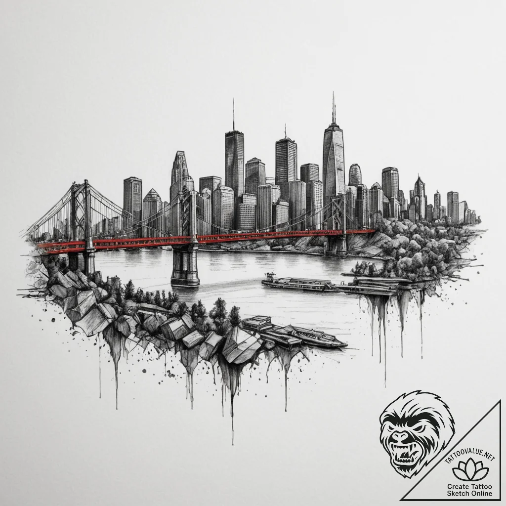 A view of a city skyline from across a river,... - tattoo sketch (№1754972023_0, 12.08.2025 04:13) — tattoovalue.net
