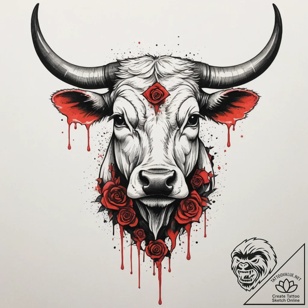 Tattoo design a taurus bull with a delicate b... - tattoo sketch (№1754975814_0, 12.08.2025 05:16) — tattoovalue.net