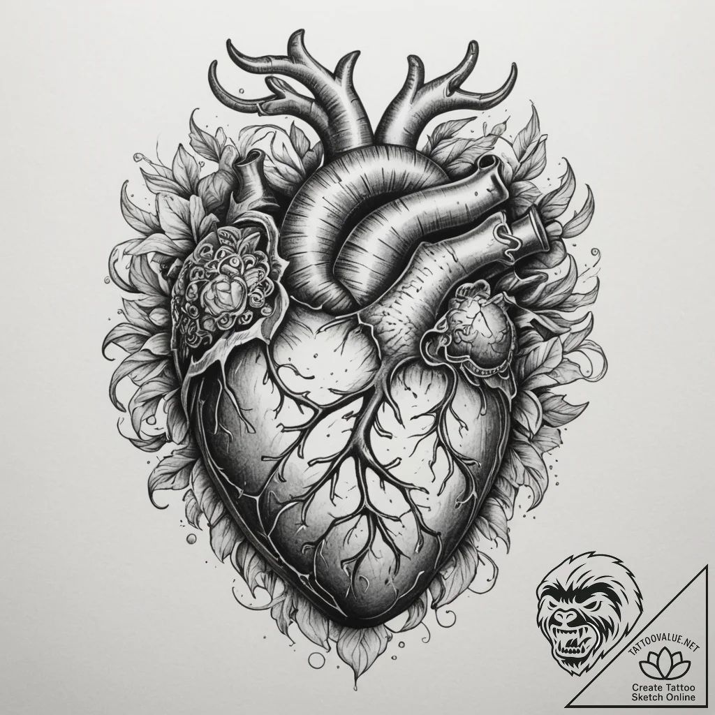Tattoo sketch a realistic anatomical heart wi... - tattoo sketch (№1754978229_0, 12.08.2025 05:57) — tattoovalue.net