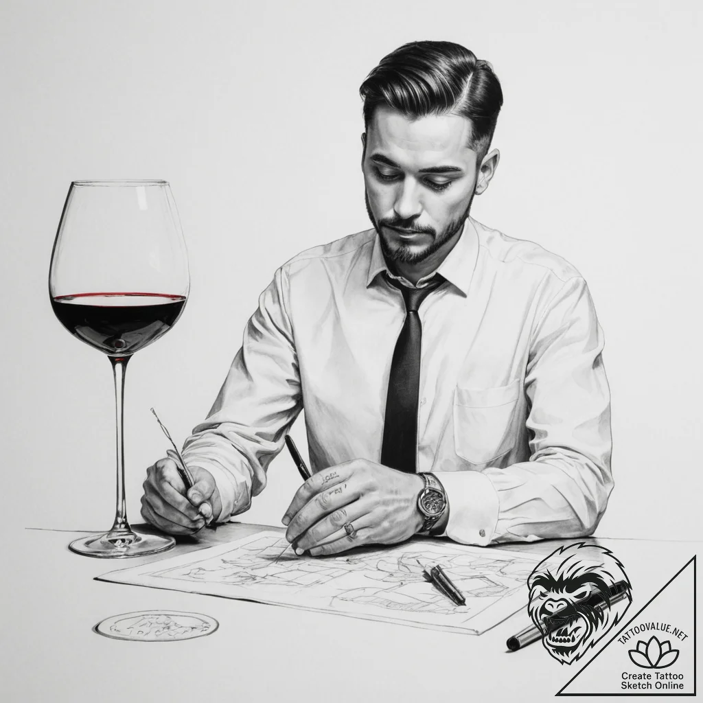 A shot of a sommelier tasting wine in a cella... - tattoo sketch (№1754982412_0, 12.08.2025 07:06) — tattoovalue.net