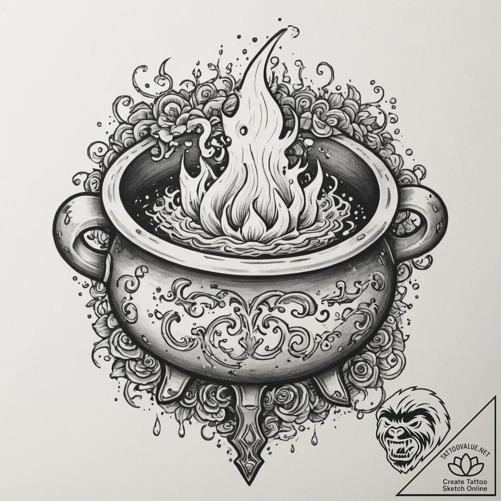 Tattoo sketch a bubbling cauldron with game c... - tattoo sketch (№1754983597_0, 12.08.2025 07:26) — tattoovalue.net