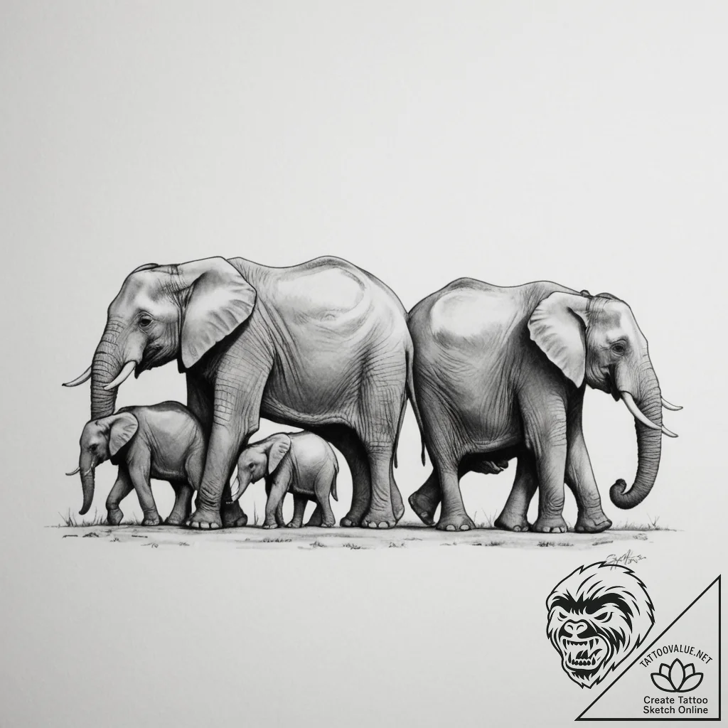 Tattoo sketch a family of elephants walking t... - tattoo sketch (№1754983993_0, 12.08.2025 07:33) — tattoovalue.net