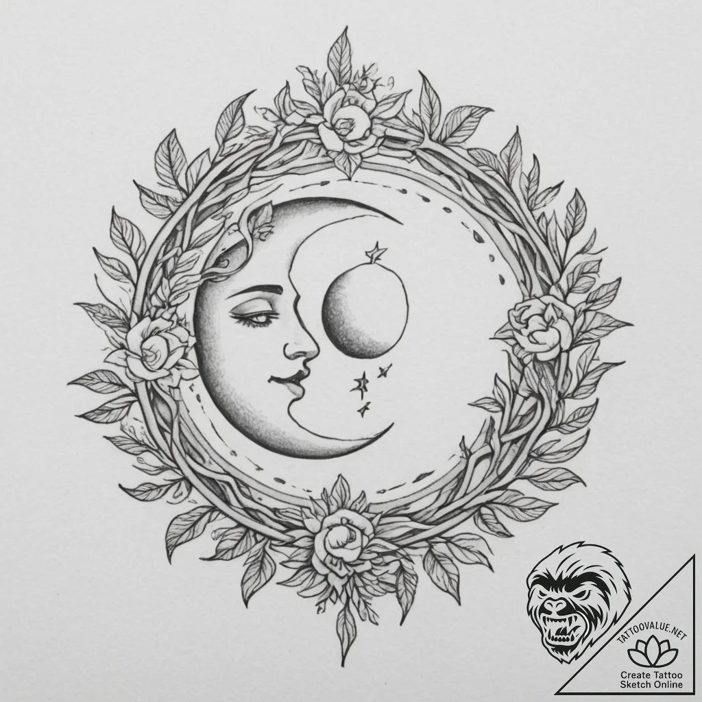 Tattoo sketch a sun and moon intertwined with... - tattoo sketch (№1754984783_0, 12.08.2025 07:46) — tattoovalue.net