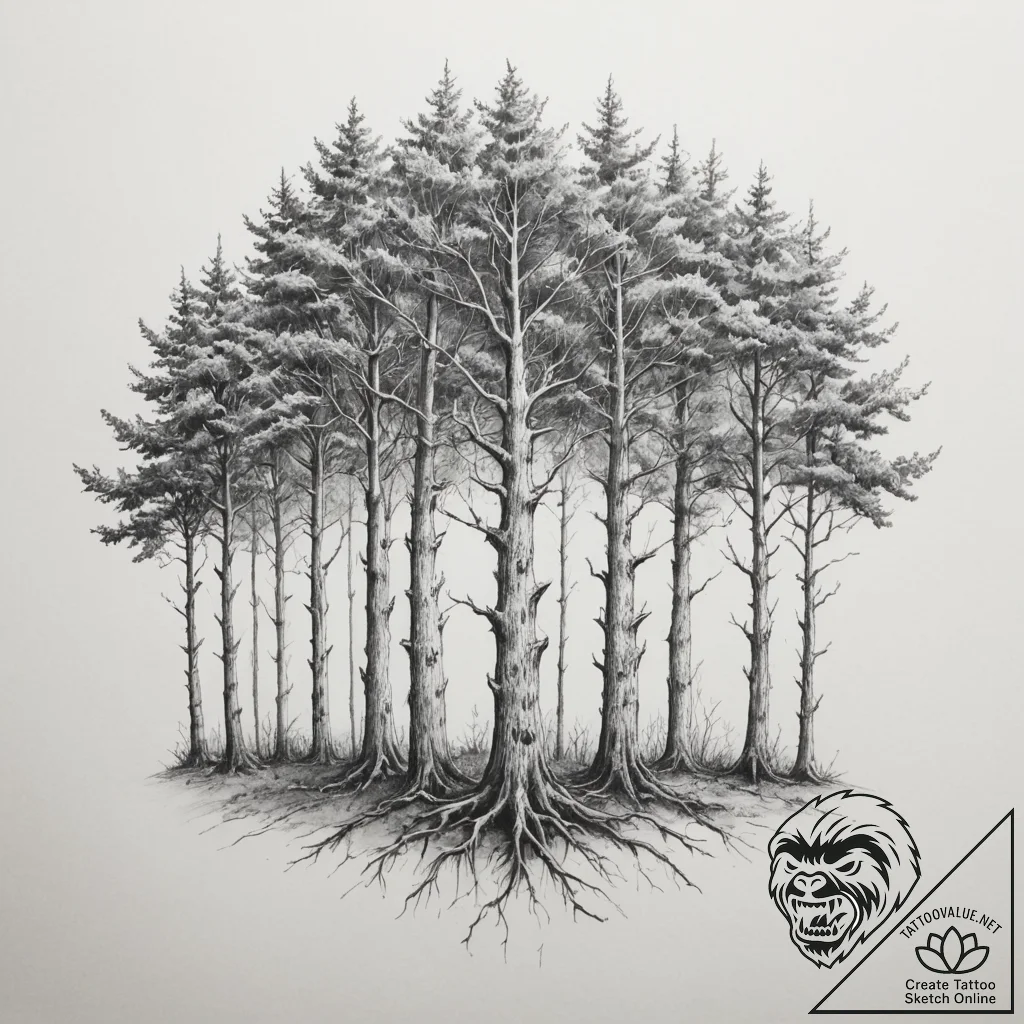 Tattoo design a forest of varied trees, each... - tattoo sketch (№1754984980_0, 12.08.2025 07:49) — tattoovalue.net