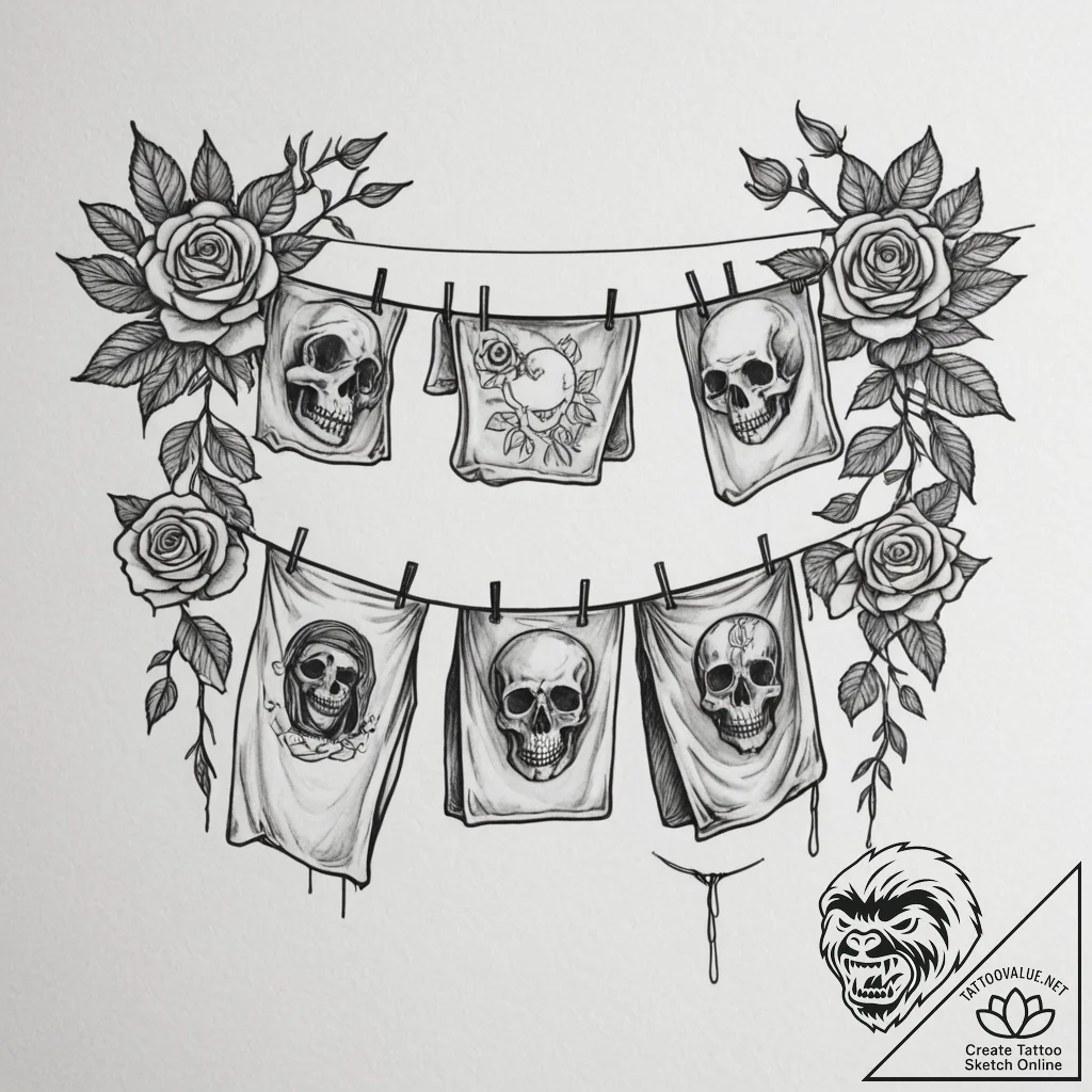 A person hanging laundry on a clothesline on... - tattoo sketch (№1754985178_0, 12.08.2025 07:52) — tattoovalue.net