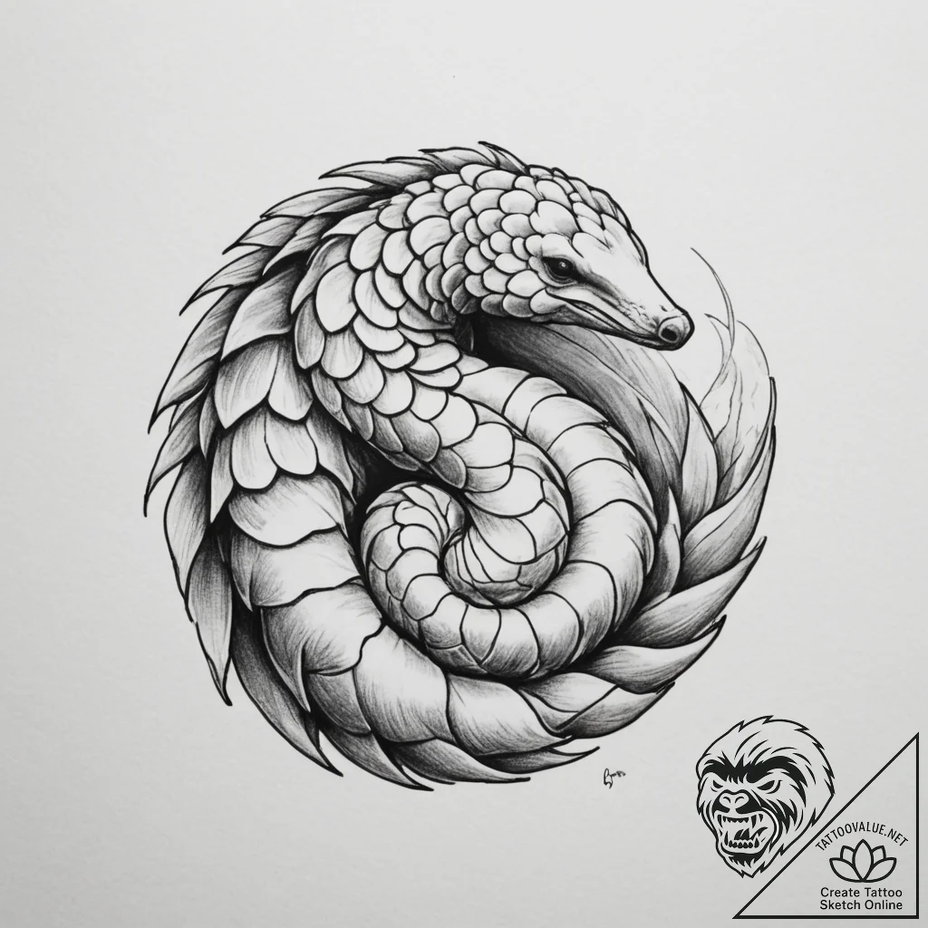 A pangolin curled up, tattoo drawing outline,... - tattoo sketch (№1754989536_0, 12.08.2025 09:05) — tattoovalue.net