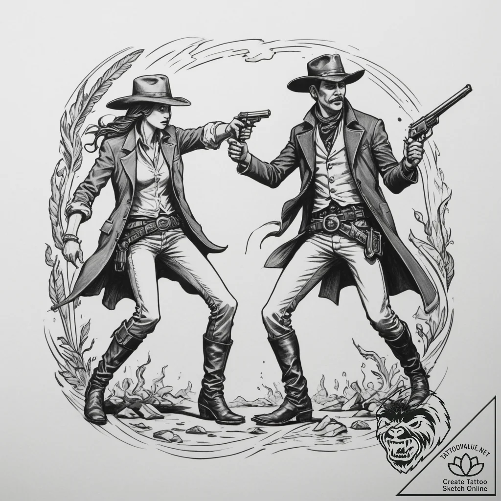 Wild west gunslinger duel, tattoo sketch desi... - tattoo sketch (№1754994089_0, 12.08.2025 10:21) — tattoovalue.net