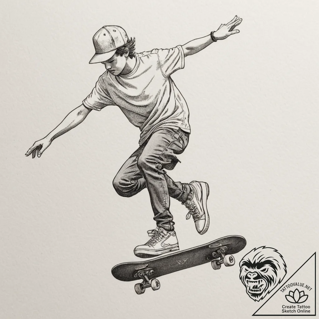 A teenager skateboarding at a skate park duri... - tattoo sketch (№1754994485_0, 12.08.2025 10:28) — tattoovalue.net