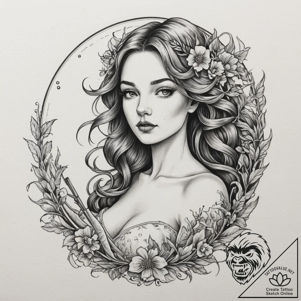 Tattoo design a virgo maiden tidying up chaot... - tattoo sketch (№1754995277_0, 12.08.2025 10:41) — tattoovalue.net